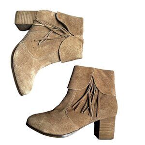 Matisse‎ Ankle Boots Womens Suede 6.5M Tan Zip Fringe Detail Chunky Heel Boho